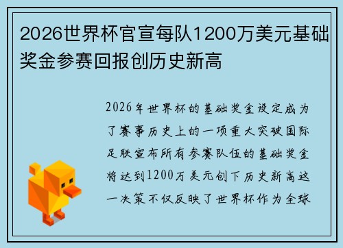 2026世界杯官宣每队1200万美元基础奖金参赛回报创历史新高 2026世界杯官宣每队1200万美元基础奖金参赛回报创历史新高